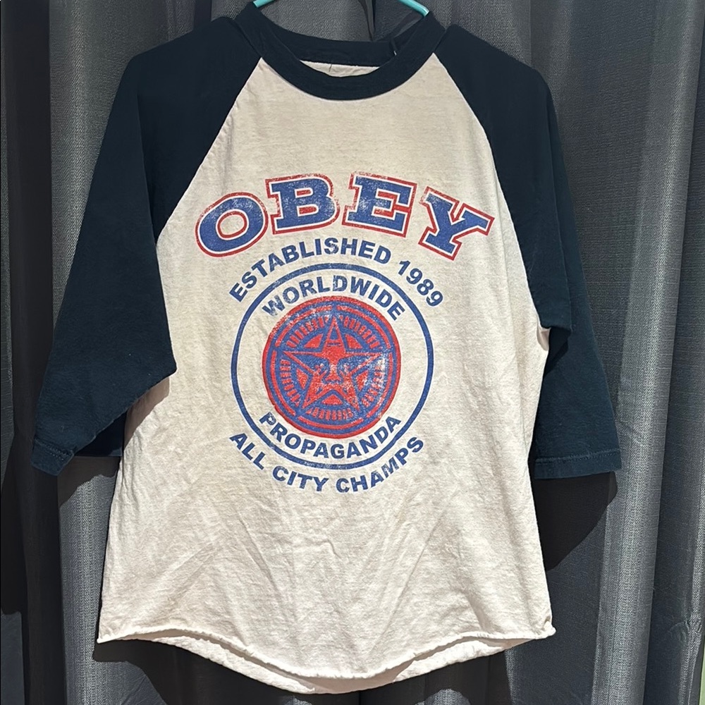 Obey Blue and Cream Long Sleeve Tee with Iconic Design
